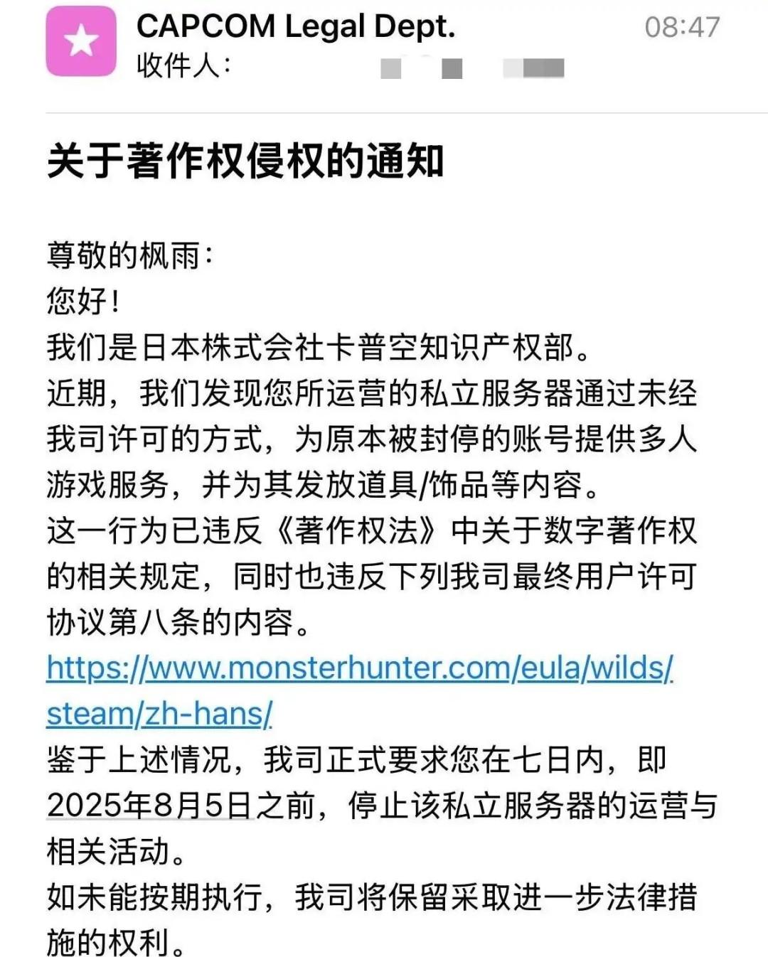 《怪物猎人：荒野》国内MOD作者枫雨遭卡普空警告